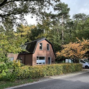 De afbeelding toont een woning met zonnepanelen op het dak, omringd door bomen en groen.