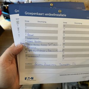 De afbeelding toont een groeperingskaart voor een elektrische installatie, inclusief beschrijvingen van aangesloten apparatuur.