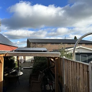 De foto toont een installatie van zonnepanelen op een schuin dak, met een uitzicht op omliggende gebouwen.