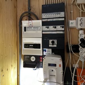 De afbeelding toont een meterkast met apparaten en aansluitingen voor een zonnepaneleninstallatie, inclusief een omvormer.