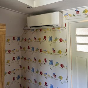 De afbeelding toont een geïnstalleerde airconditioningseenheid aan de muur, met een kleurrijke achtergrond van vogels en bladeren.