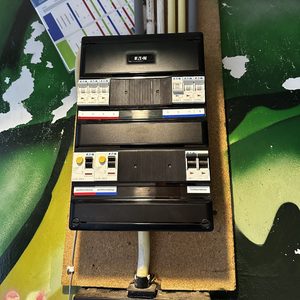 Een meterkast met elektriciteitsverdelers en schakelaars, essentieel voor elektrische systemen in gebouwen.